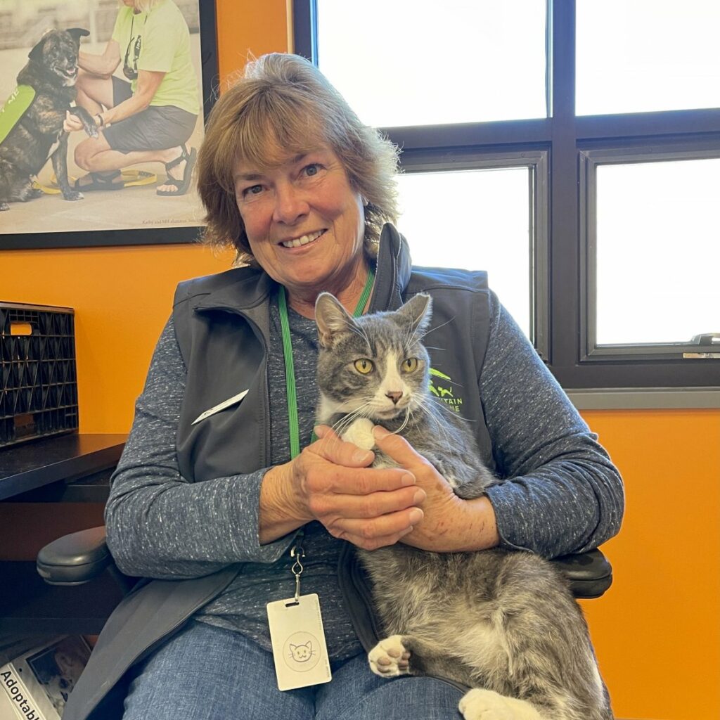 Cathy McLaren sitting in a desk chair holding a gray tabby cat in her lap